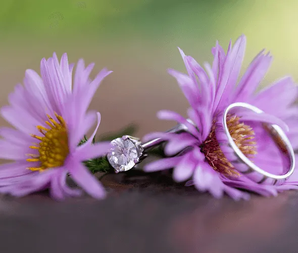 macro-shot-of-wedding-rings-decorated-with-flower